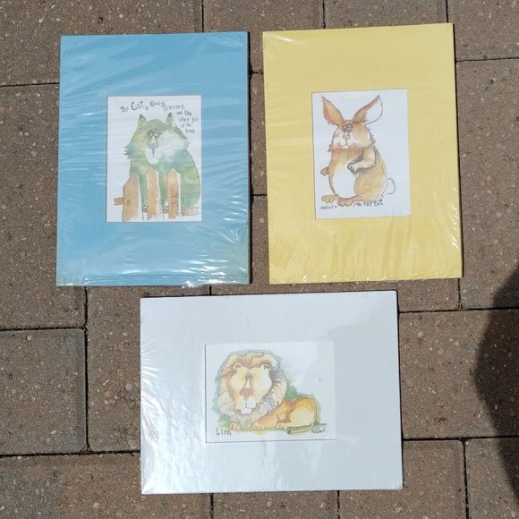 BRAND NEW SET OF 3 NEDOBECK PRINTS WITH CAT, LION, AND RABBIT AND CUSTOM MATS - Picture 2 of 14